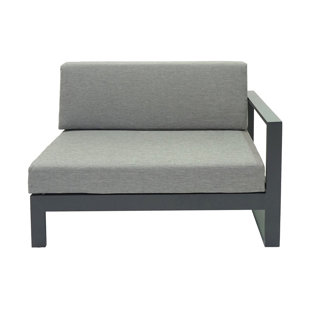 Gray outdoor sofa with grey frame and left arm only on a white background