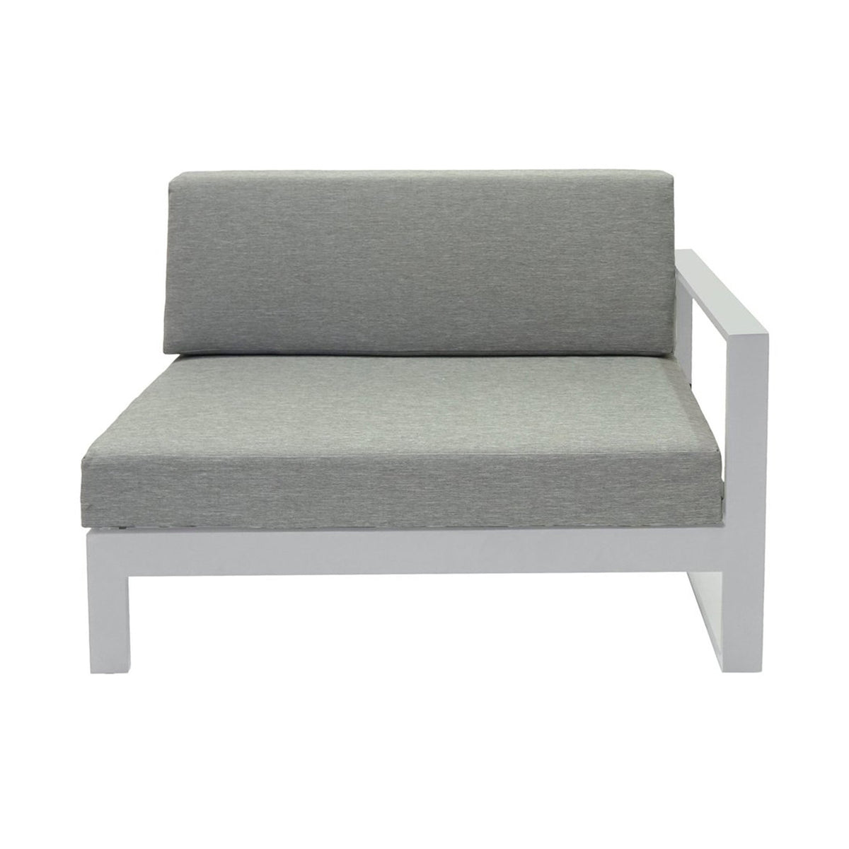 Gray cushioned outdoor chair with white frame on a white background