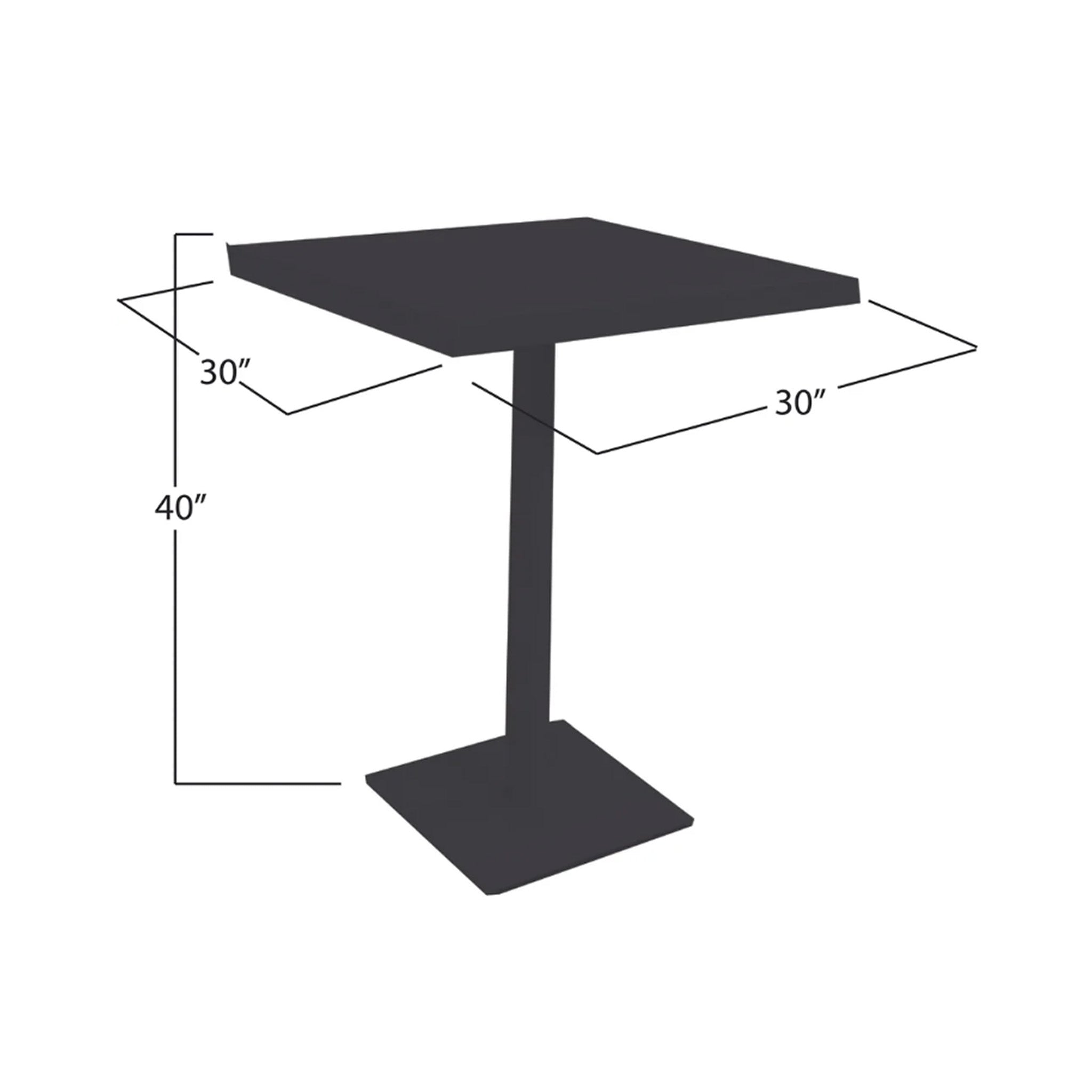 Black square table with dimensions labeled on a white background