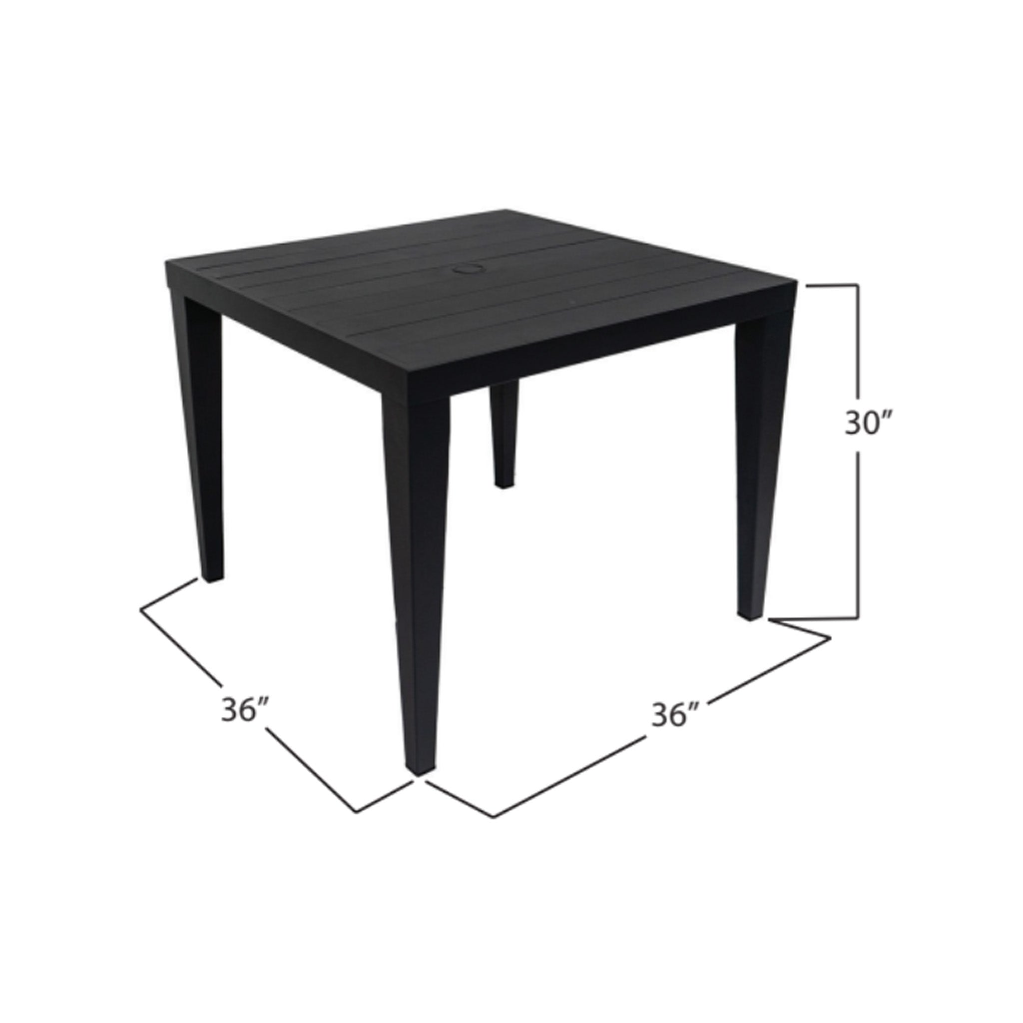 Dark gray square table with dimensions labeled on a white background