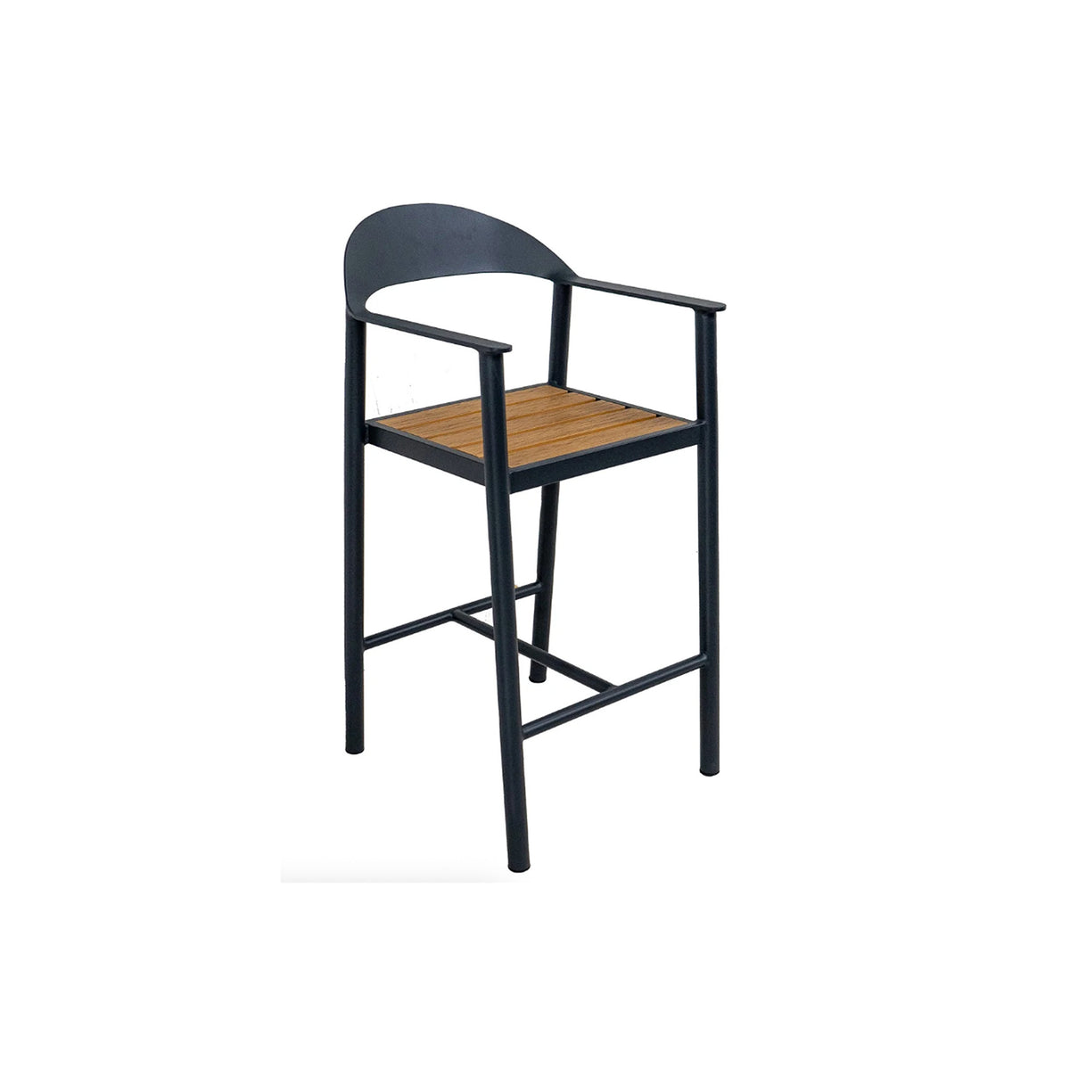 Bar chair with dark grey frame and wooden seat on a white background