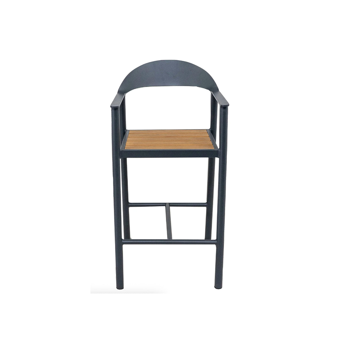 Bar chair with dark grey frame and slatted seat on a white background
