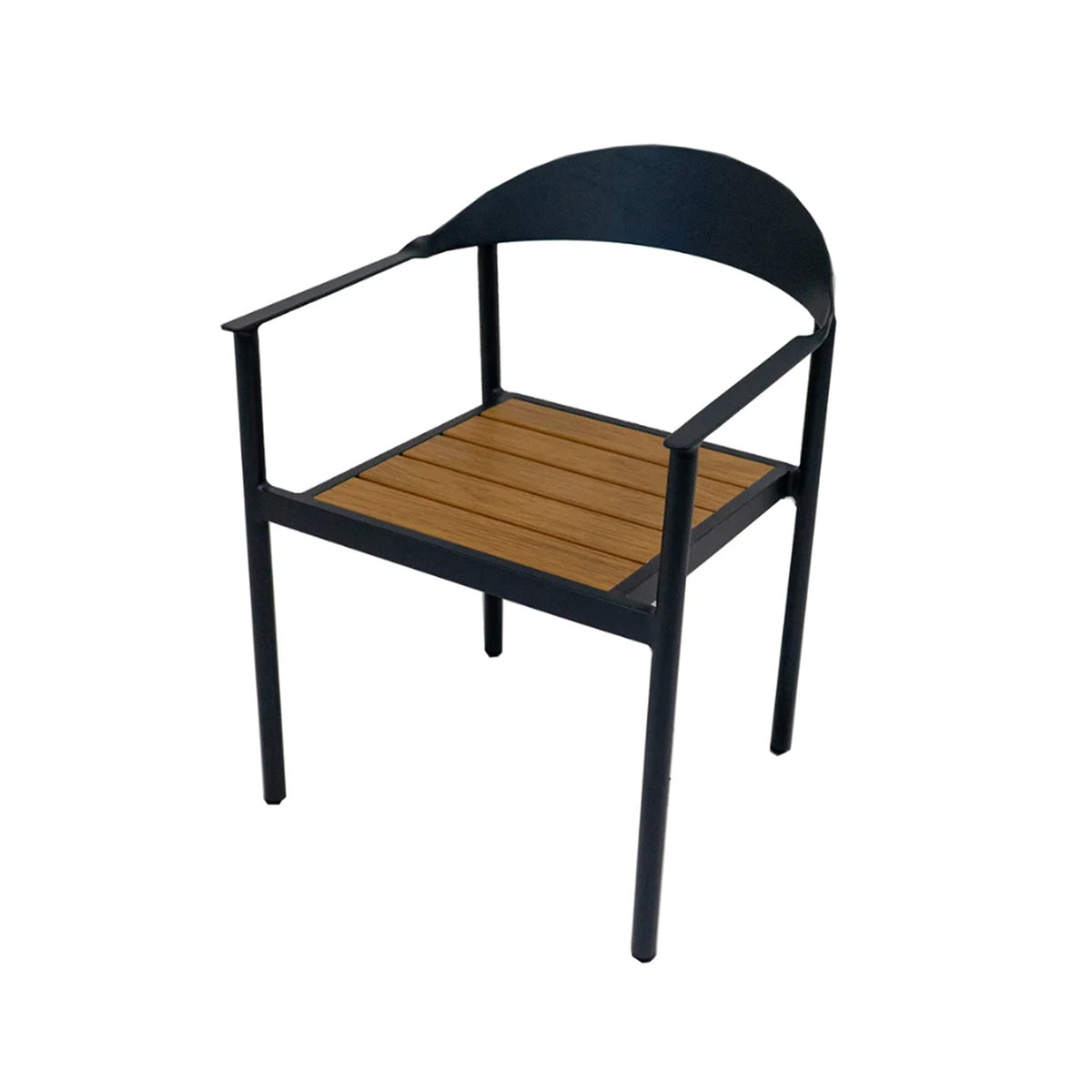 Chair with dark grey frame and slatted wooden seat on a white background