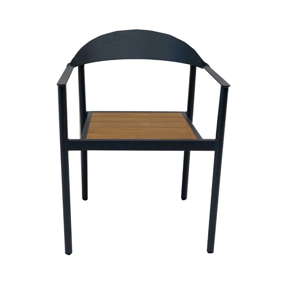 Dining chair with a grey frame and wooden seat on a white background