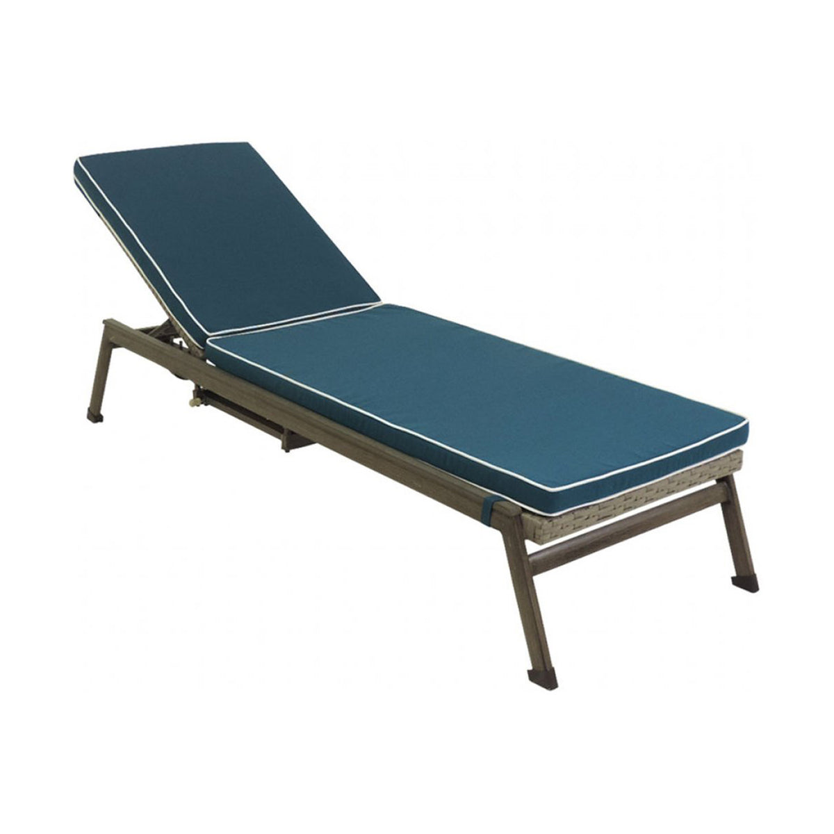 Wicker chaise lounge with a blue cushion on a white background
