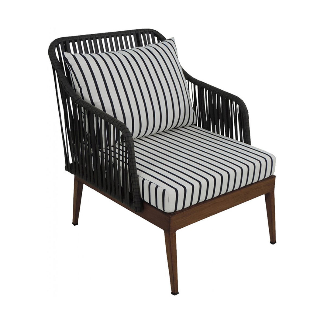 Dark brown rope style club chair with striped cushions on a white background