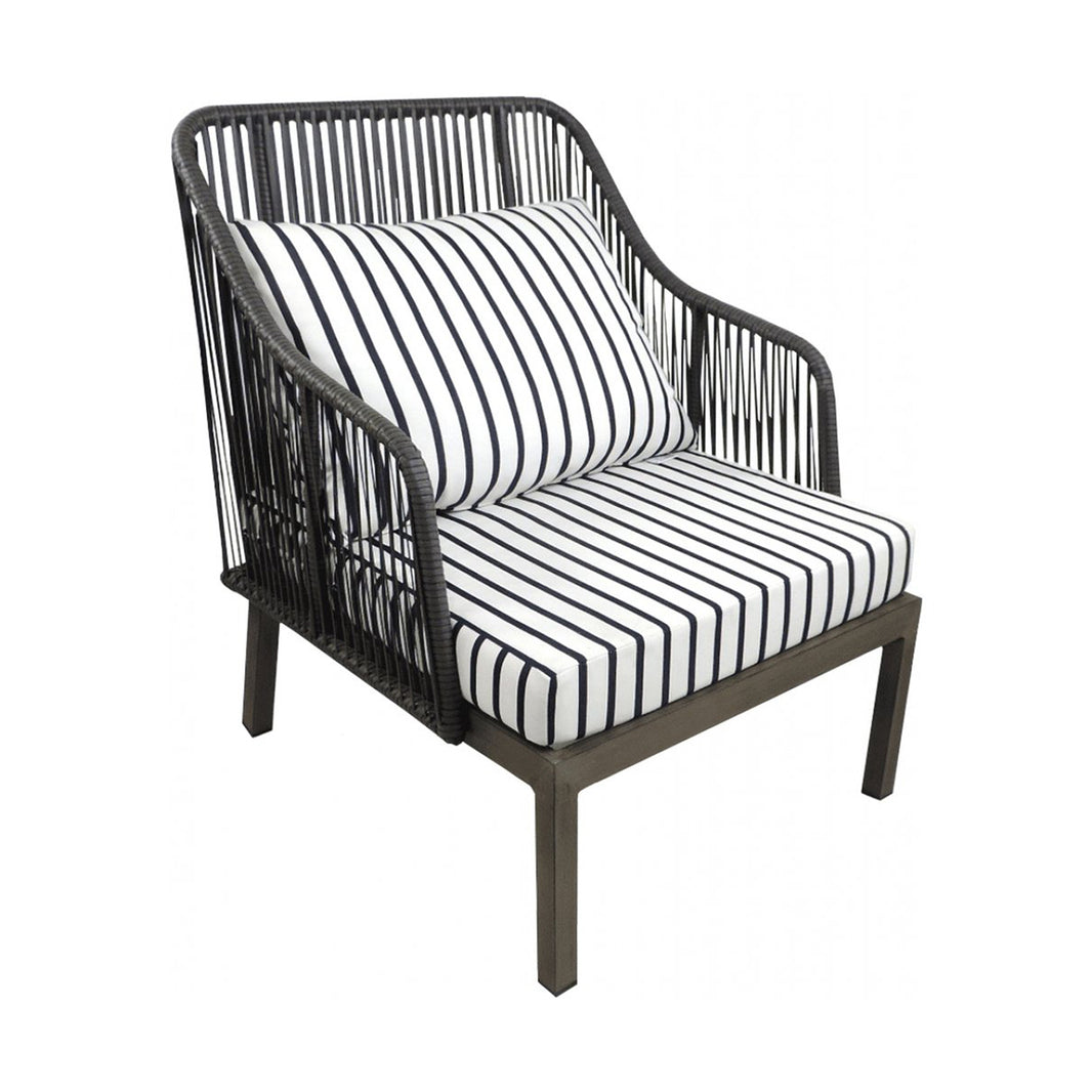 Club chair with black and white striped cushion on a white background