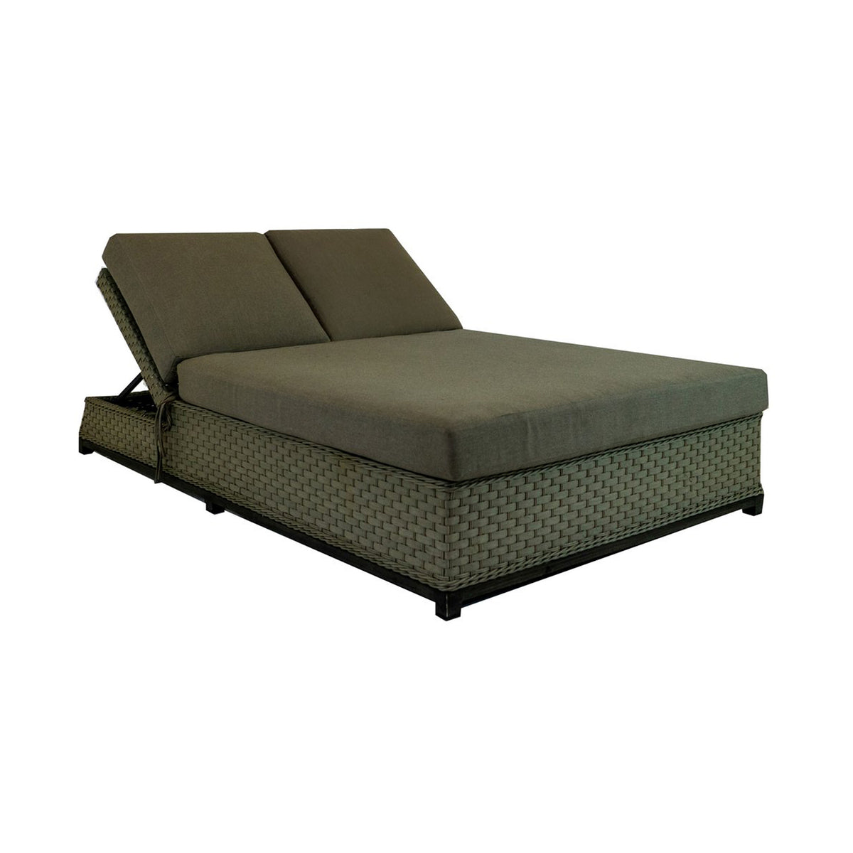 Grey wicker daybed with brown cushion on a white background. 