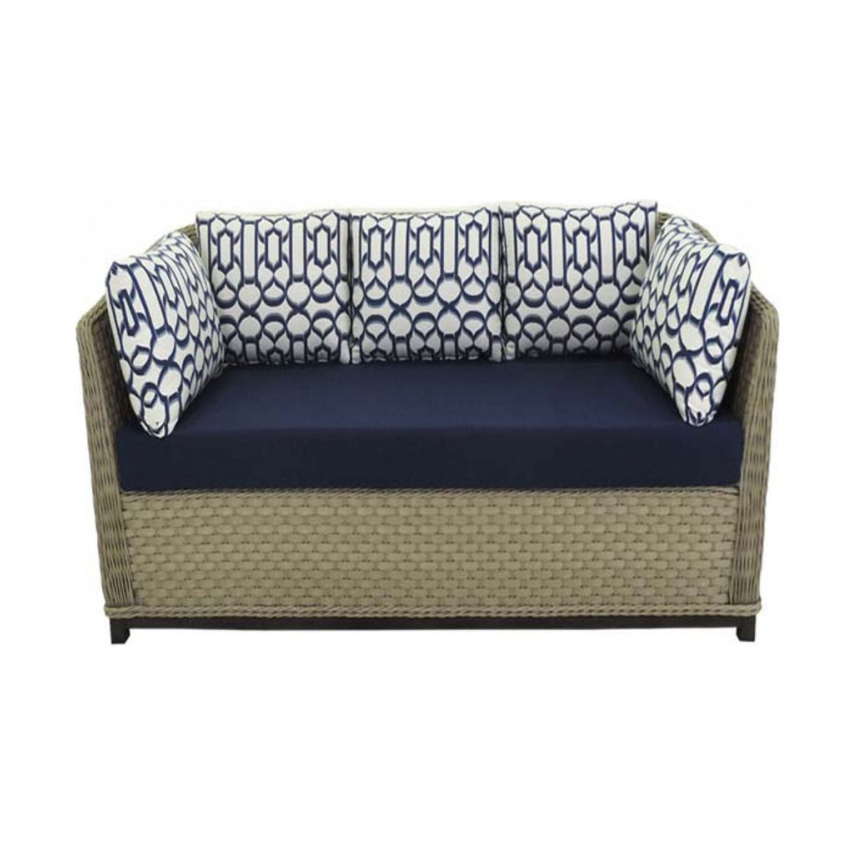 Wicker loveseat with navy cushions and patterned backrest on a white background