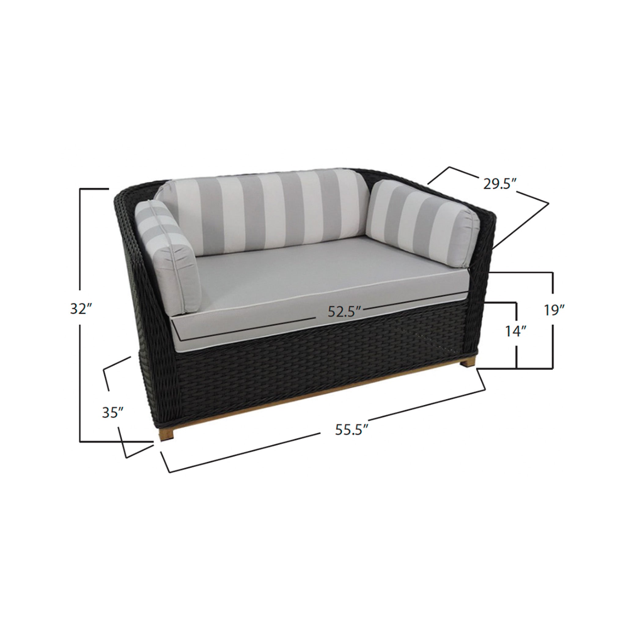 Wicker outdoor sofa with striped cushions and dimensions on a white background