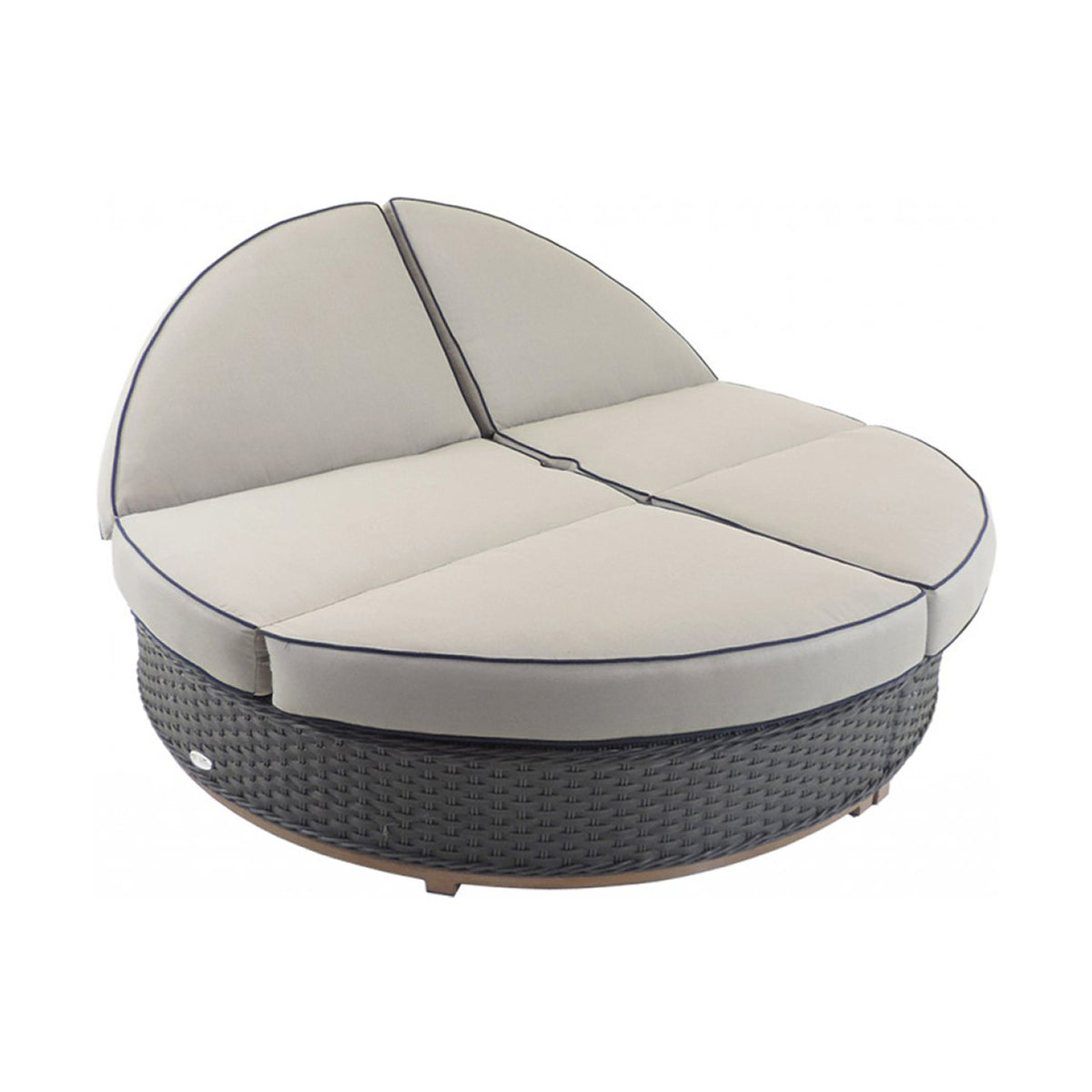 Brown wicker round daybed with beige cushions on a white background.