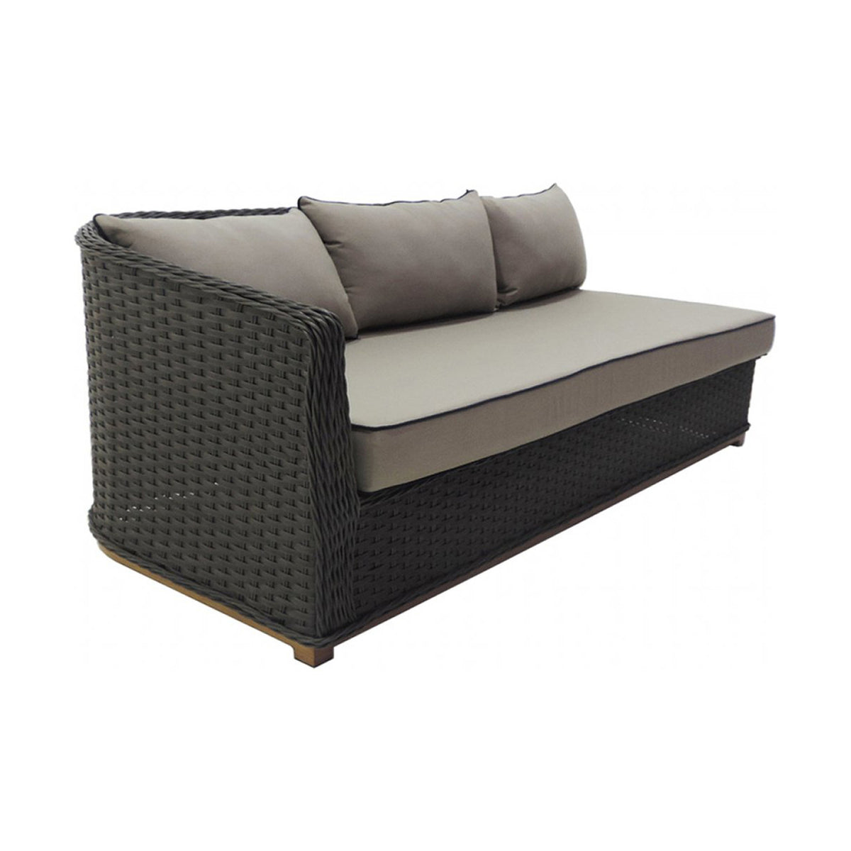 Dark brown wicker outdoor sofa with beige cushions on a white background