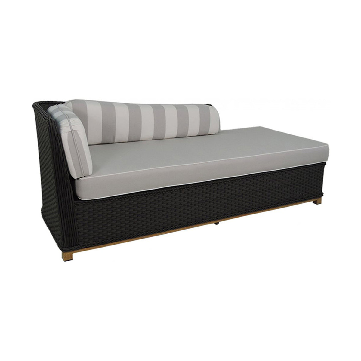Outdoor sofa with dark brown wicker frame and gray cushions on a white background