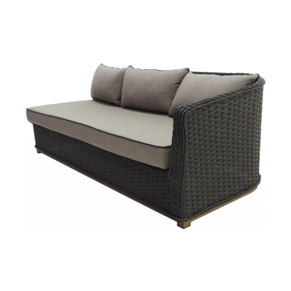 Dark brown wicker patio sofa with gray cushions on a white background