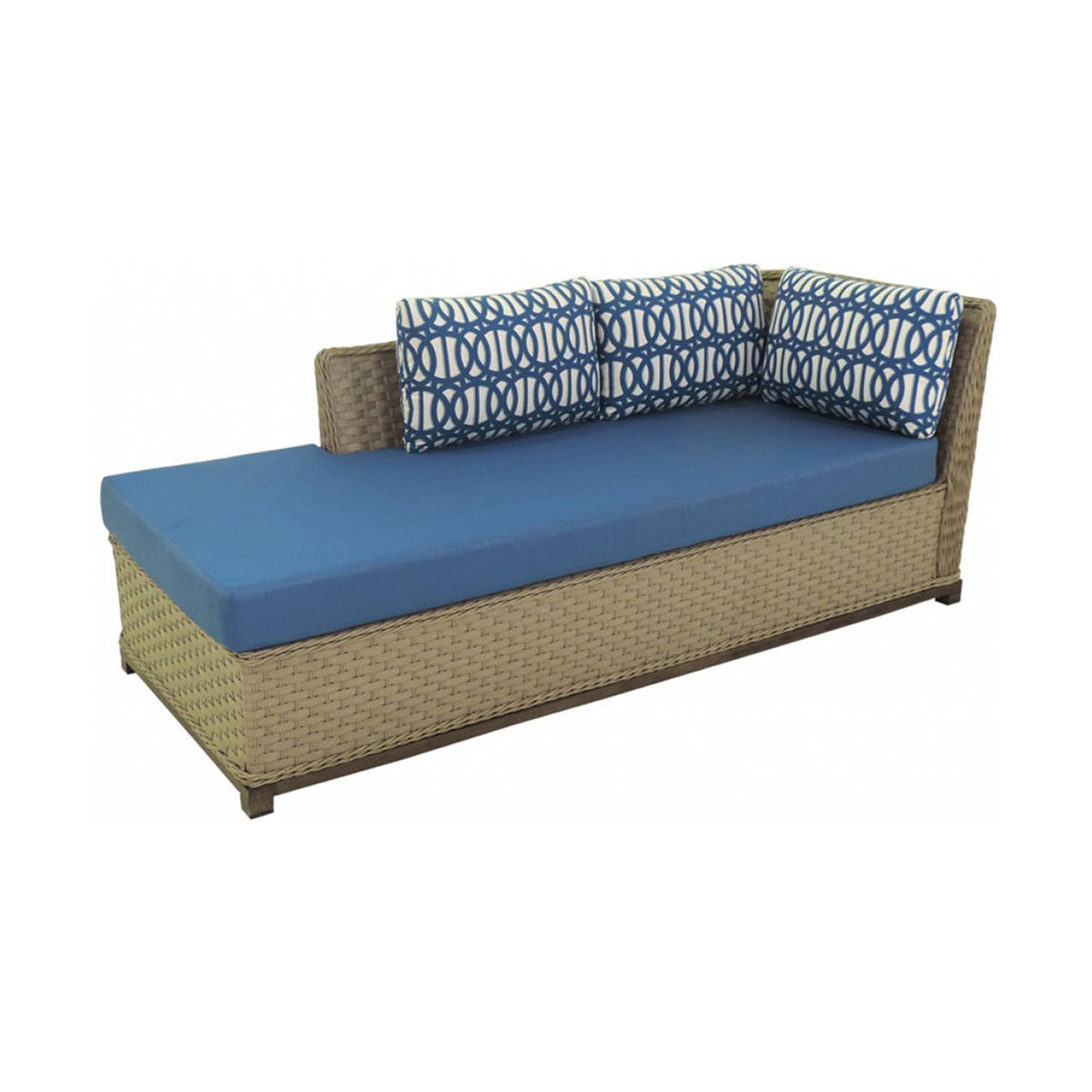Wicker outdoor sofa with blue cushions and patterned pillows on a white background