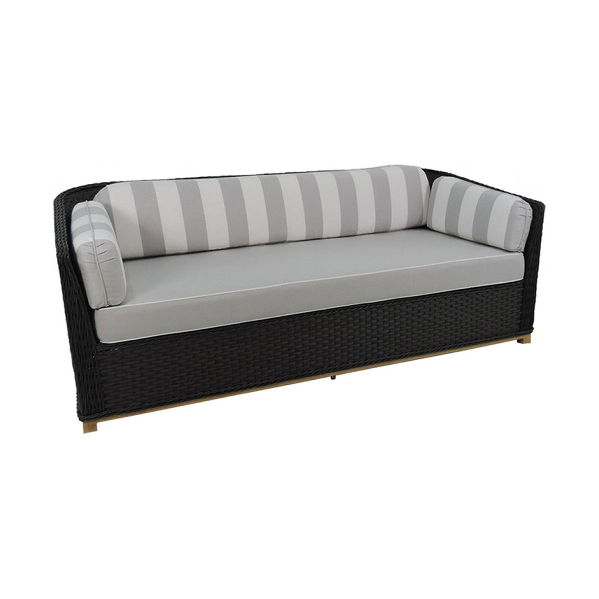 Brown wicker sofa with grey cushions on a white background