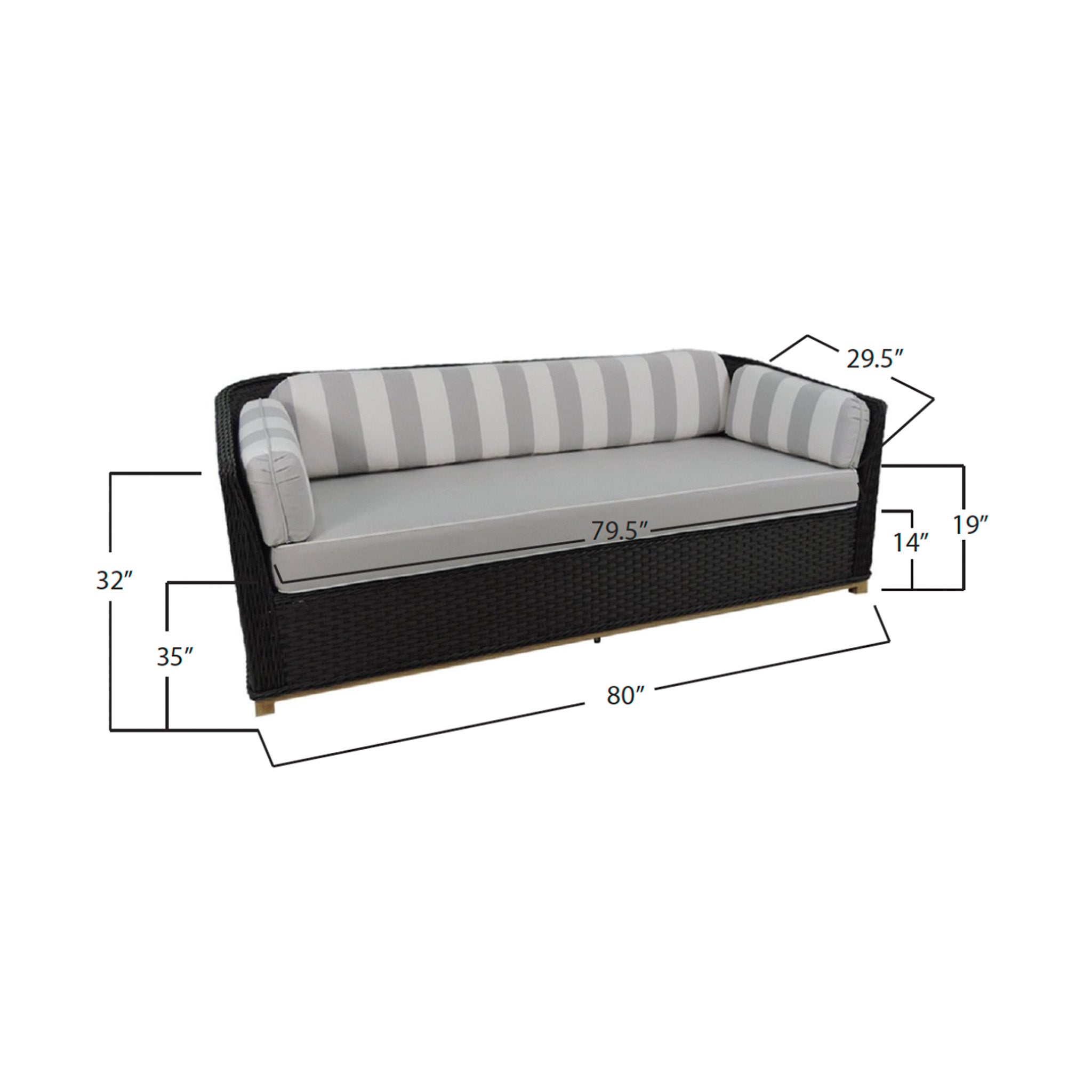 Outdoor sofa with striped cushions and dimensions on a white background