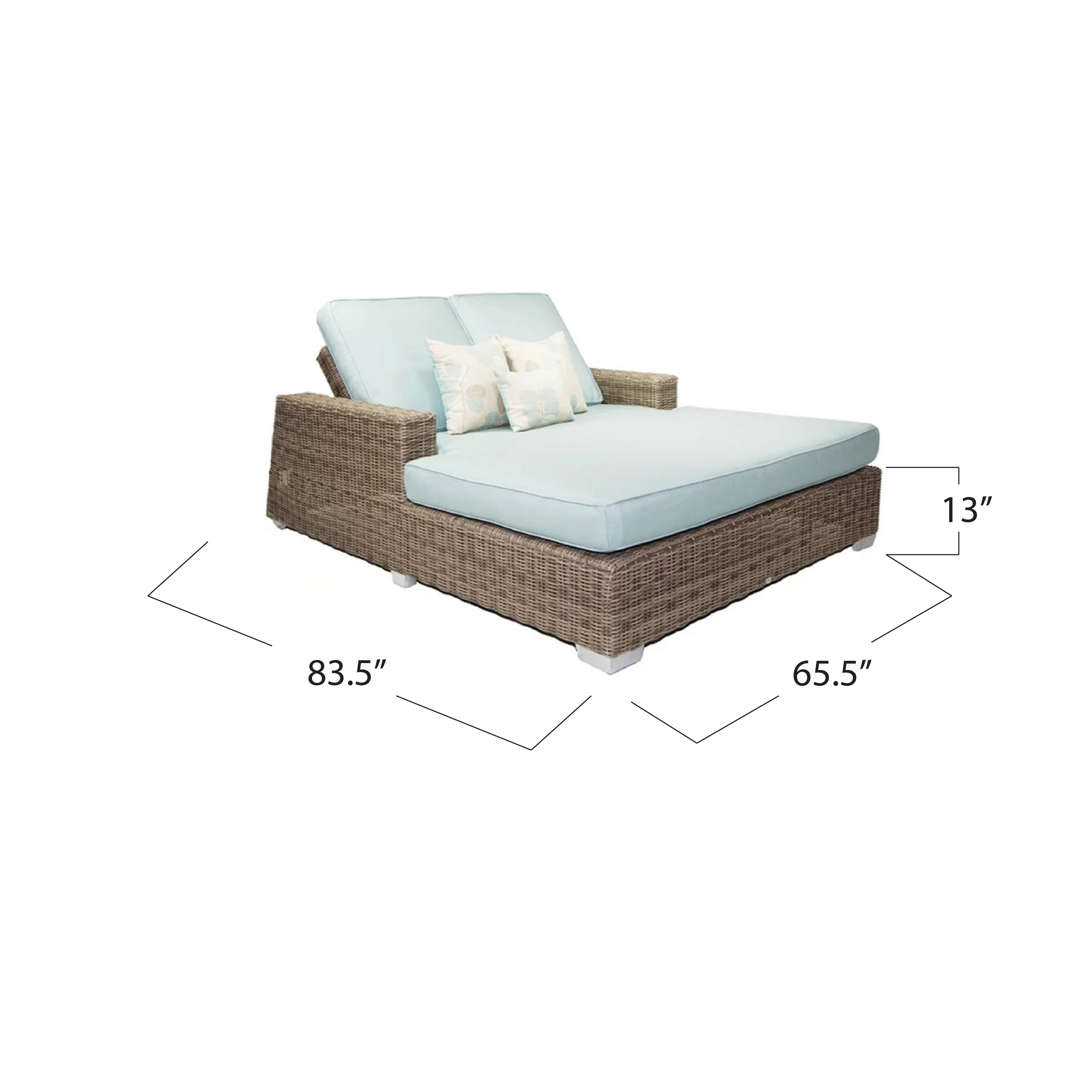 Wicker outdoor lounge chair with light blue cushions and dimensions on a white background