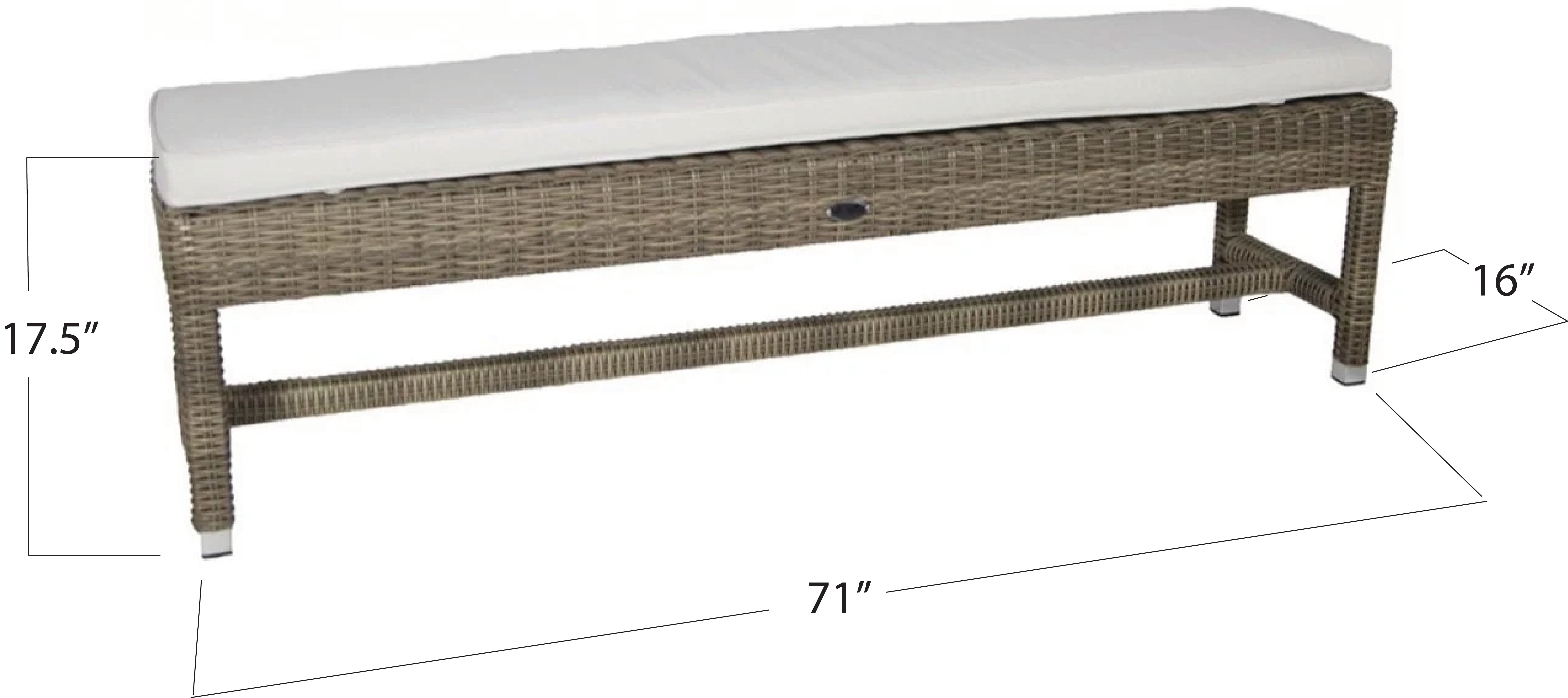Wicker bench with white cushion and dimensions labeled
