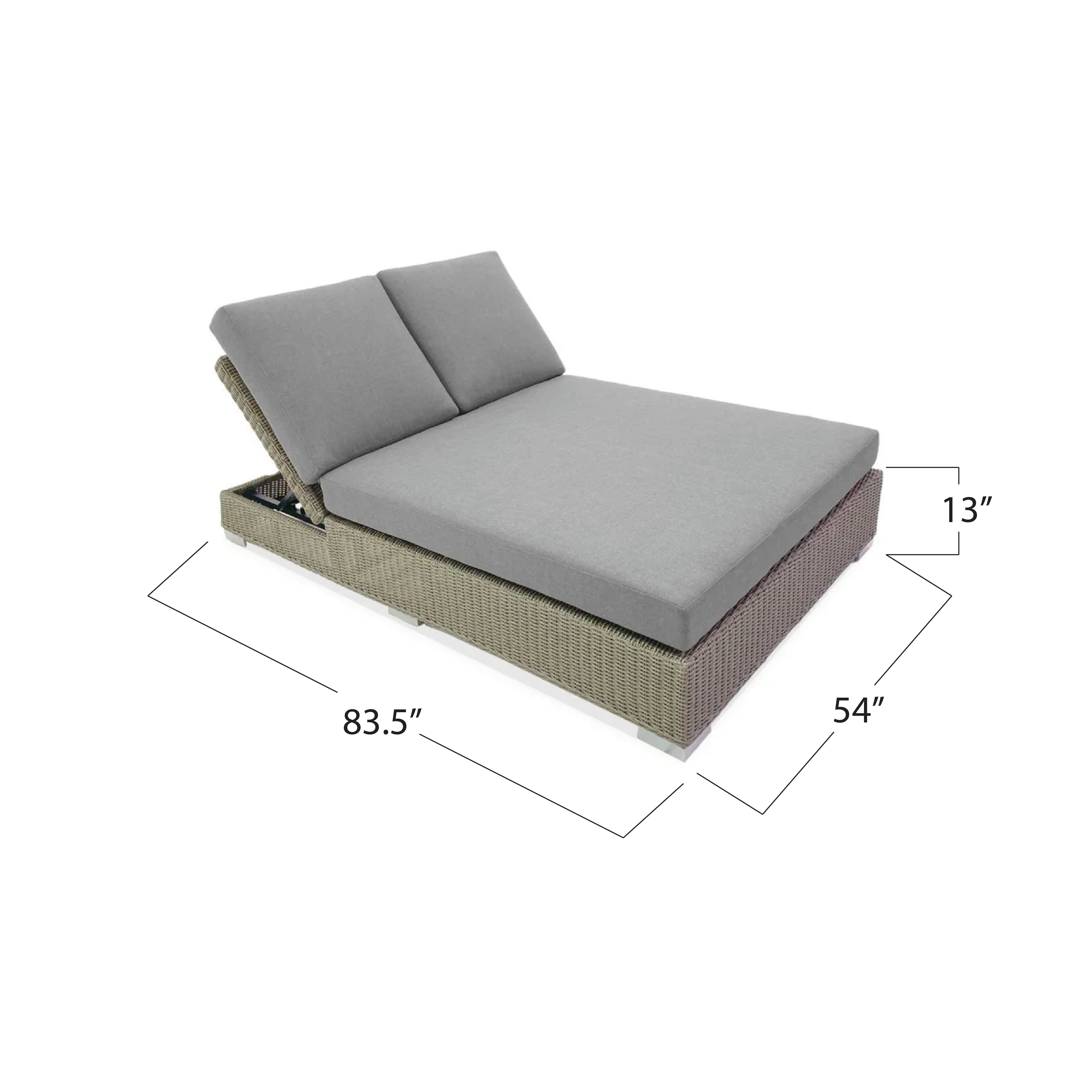 Outdoor lounge chair with cushions and dimensions on a white background