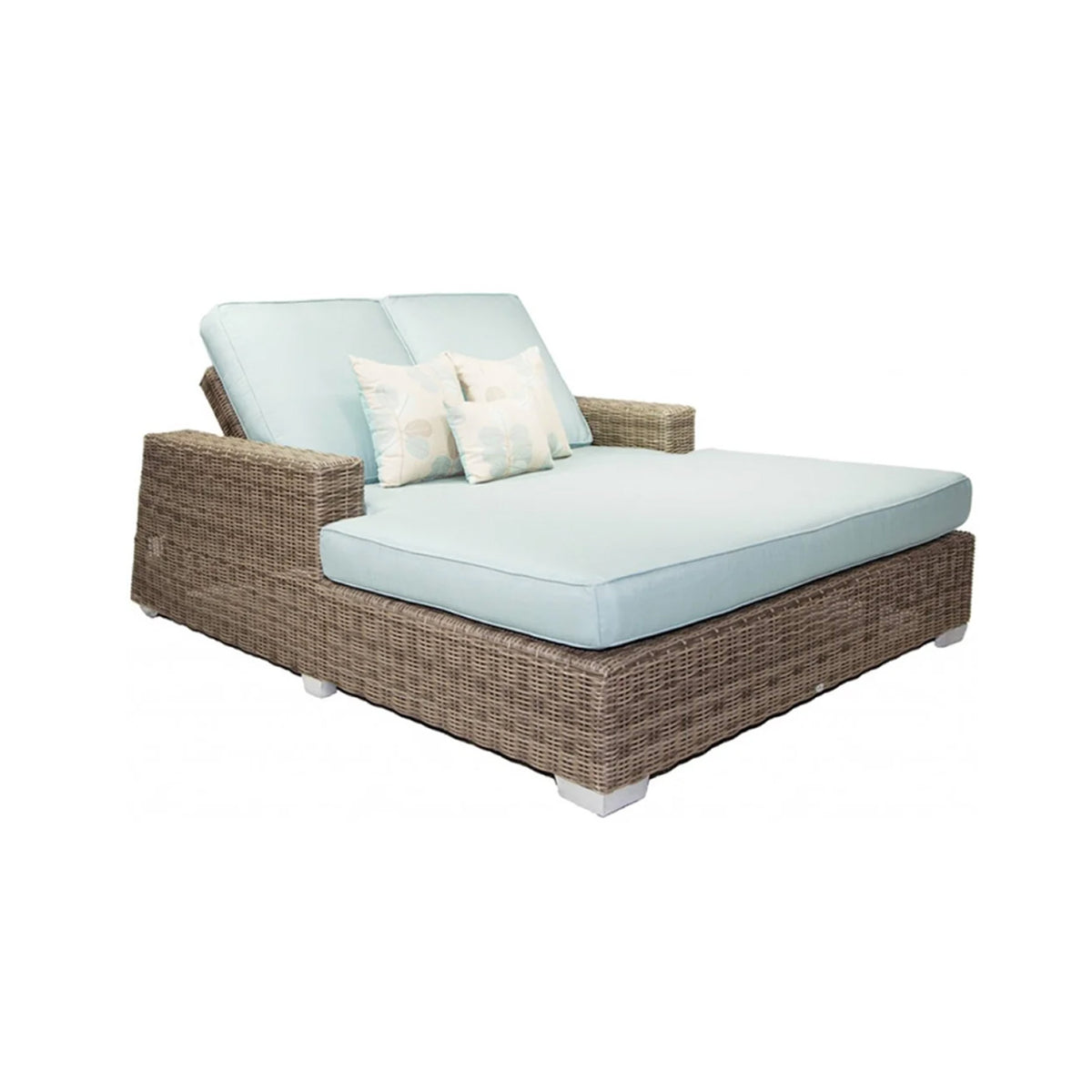 Wicker outdoor double chaise lounge with light blue cushions on a white background