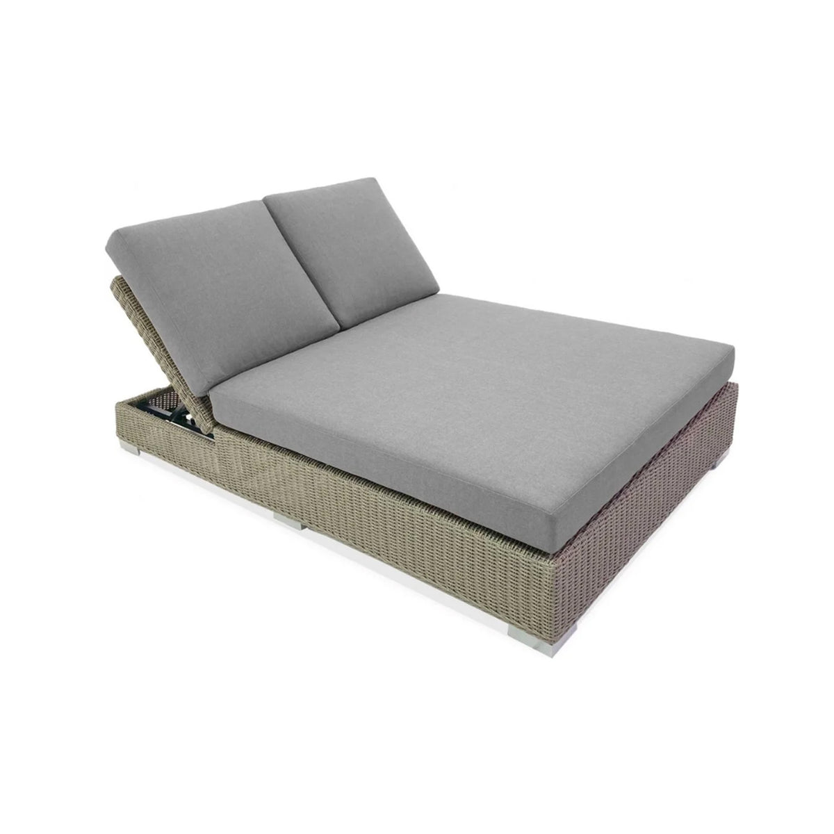 Wicker outdoor lounge chair with gray cushions on a white background
