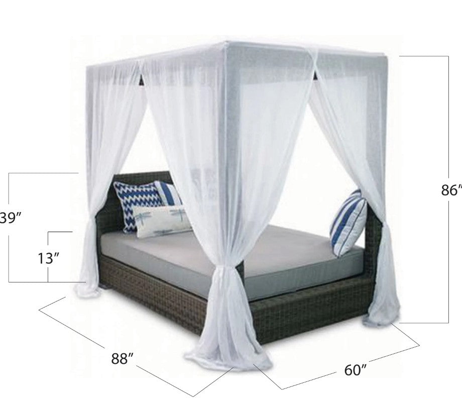 Wicker bed with canopy and dimensions on a white background