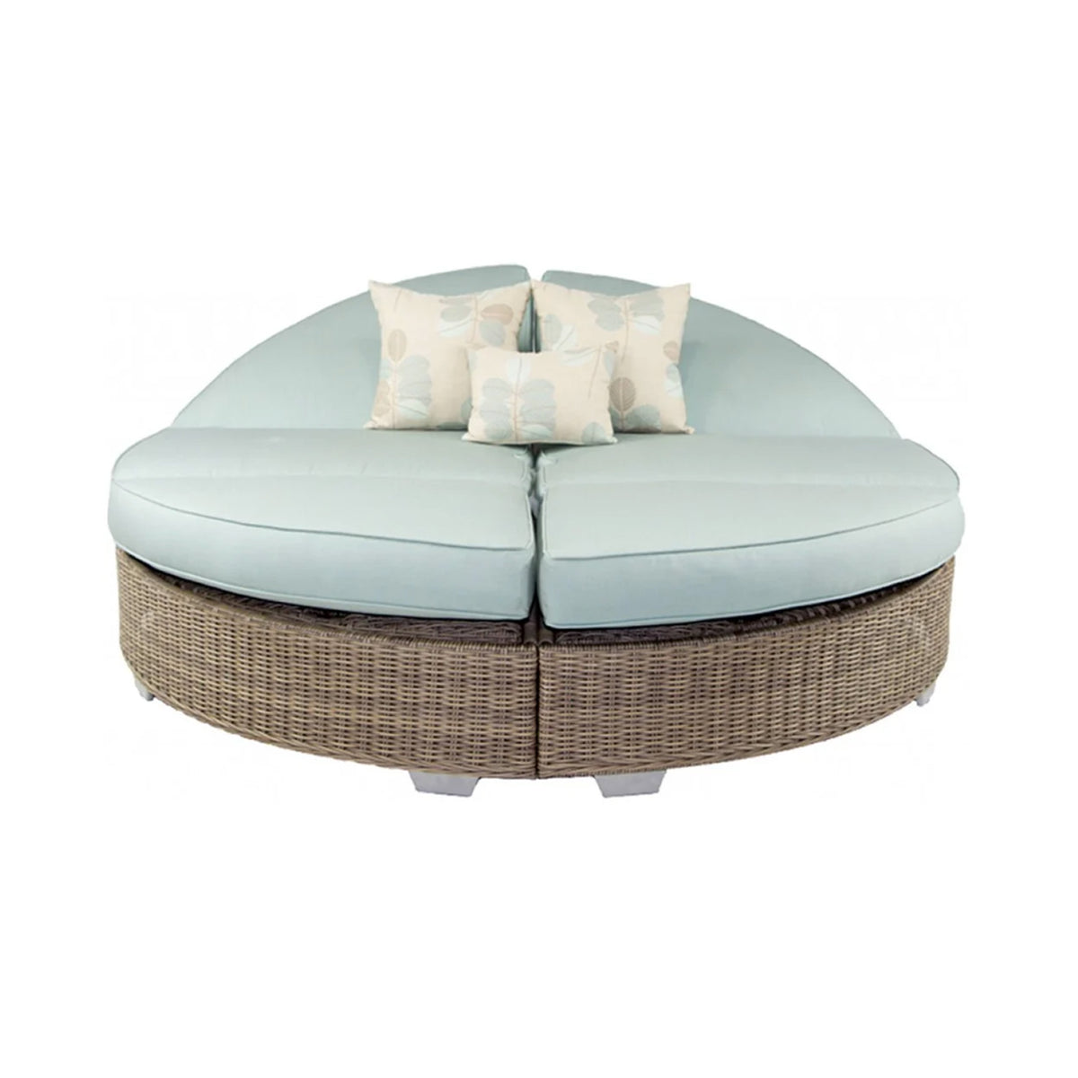 Round outdoor double chaise with light blue cushions and wicker frame on a white background