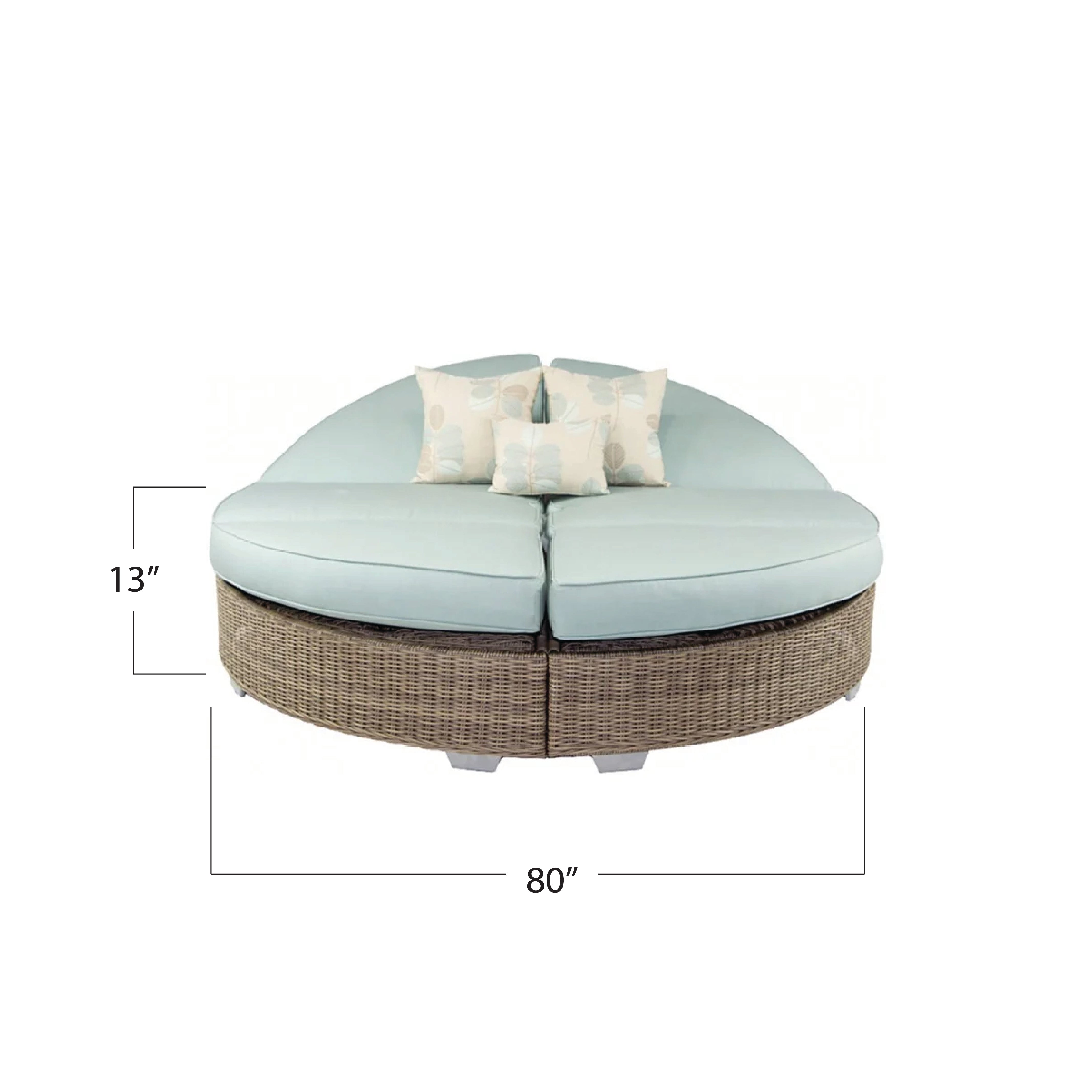 Round outdoor lounge chaise with light blue cushions and dimensions on a white background