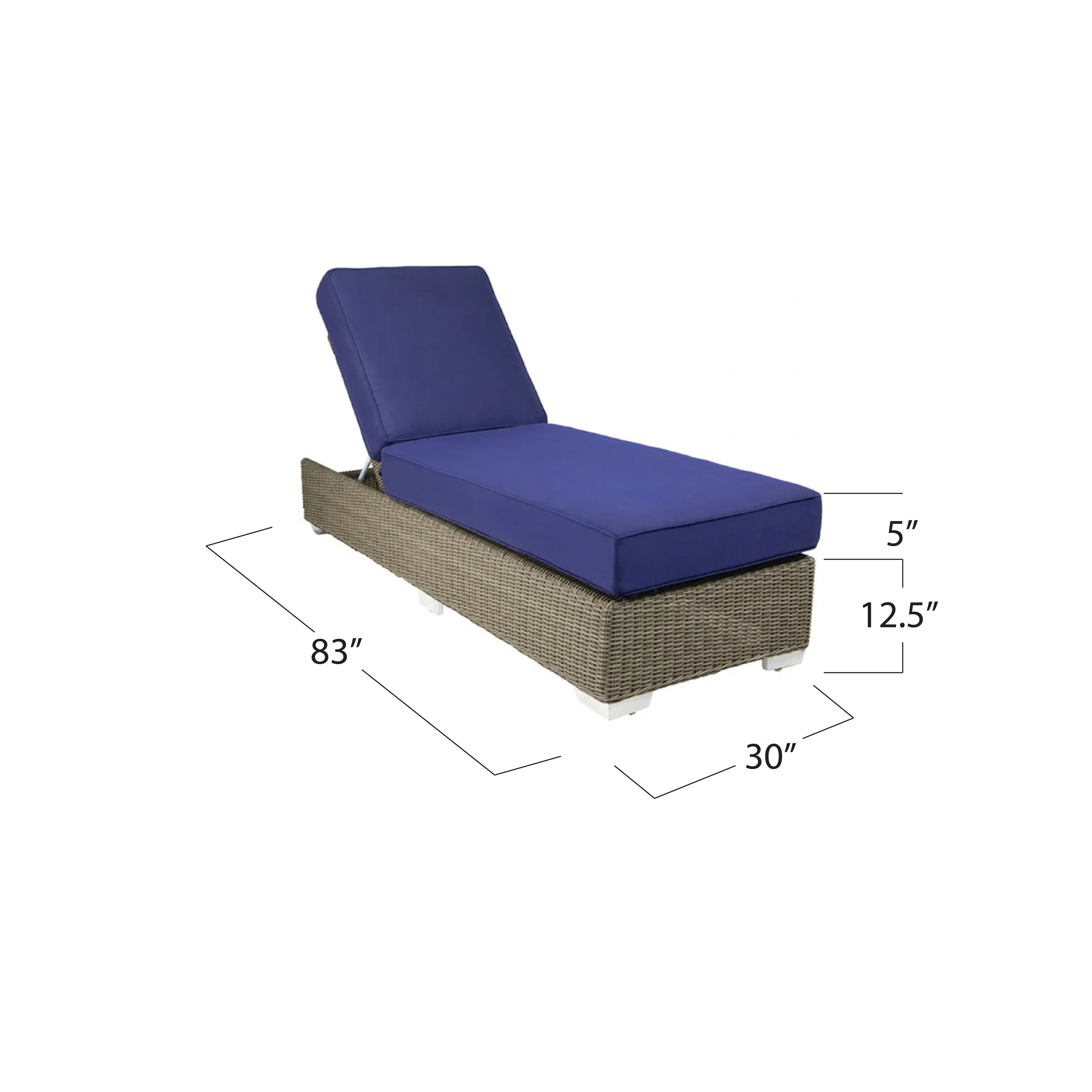 Blue cushioned lounge chair with dimensions labeled on a white background