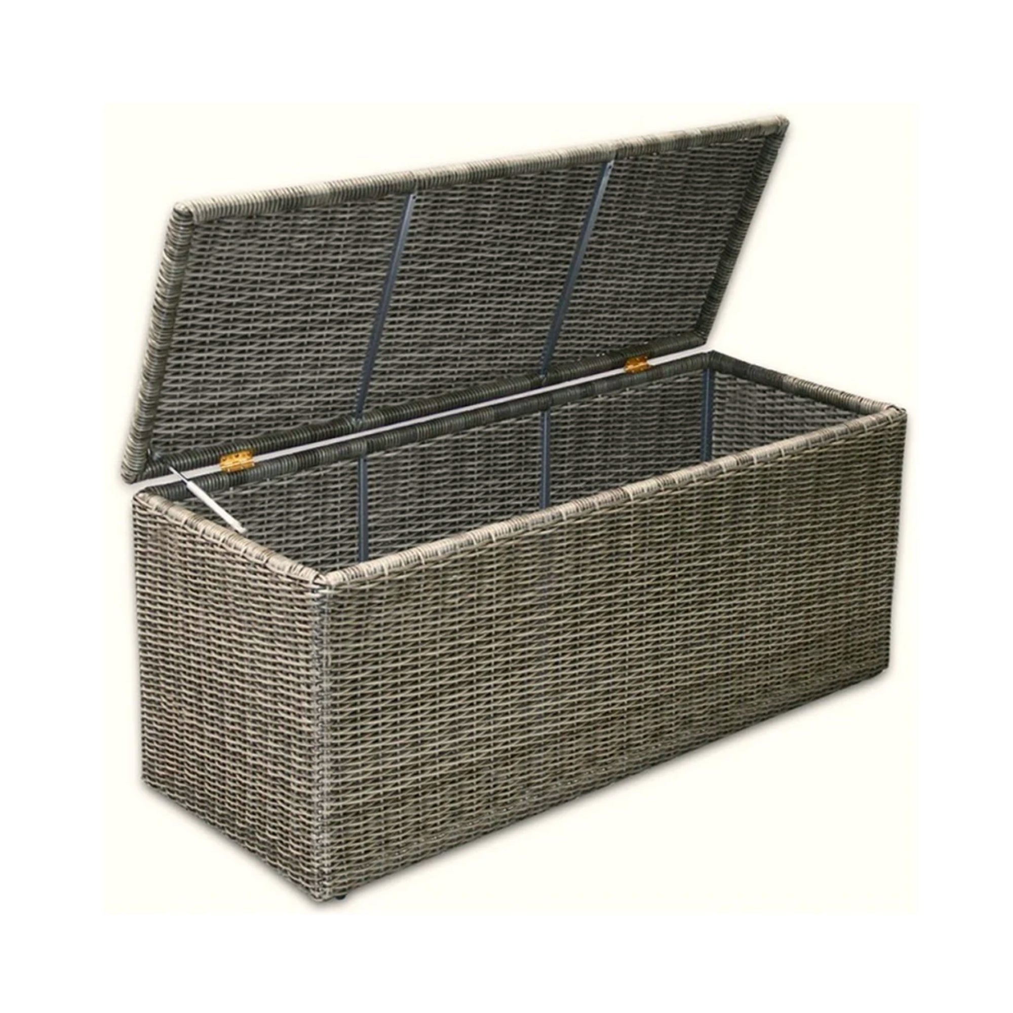 Wicker storage bench with a lid on a white background