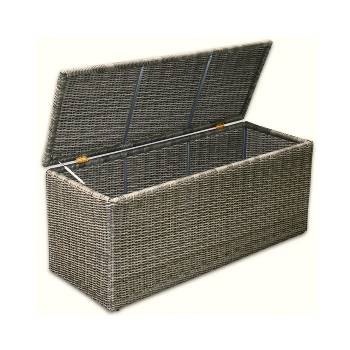 Wicker storage bench with a lid on a white background