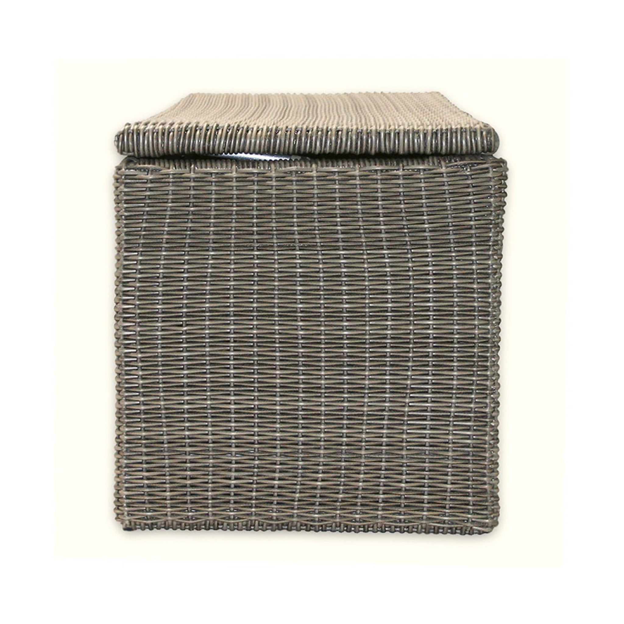 Side of a wicker storage chest with a lid on a white background