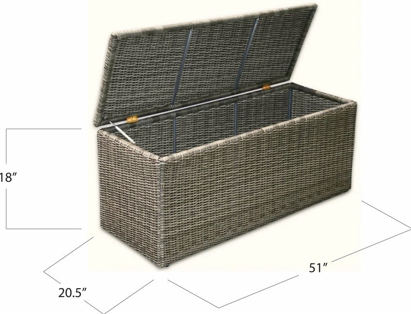 Wicker storage bench with dimensions on a white background