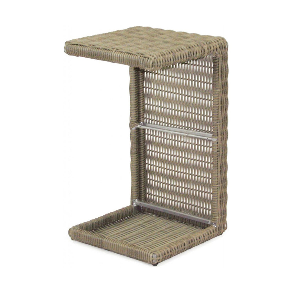 Woven outdoor side table with a tray on a white background