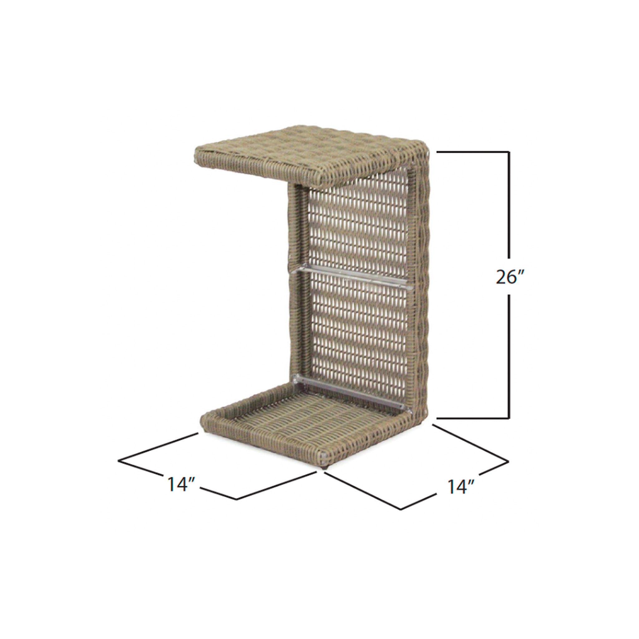Wicker side table with dimensions on a white background