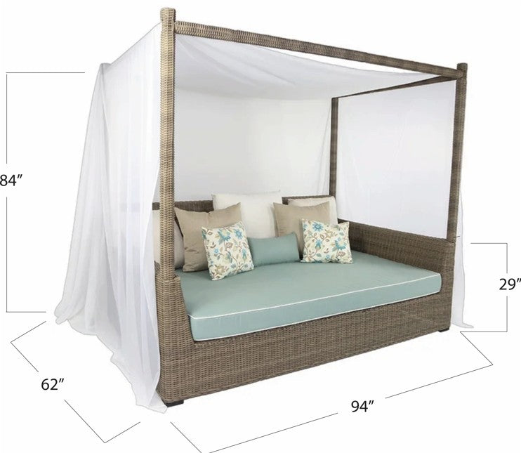 Outdoor daybed with canopy and cushions, shown with dimensions on a white background