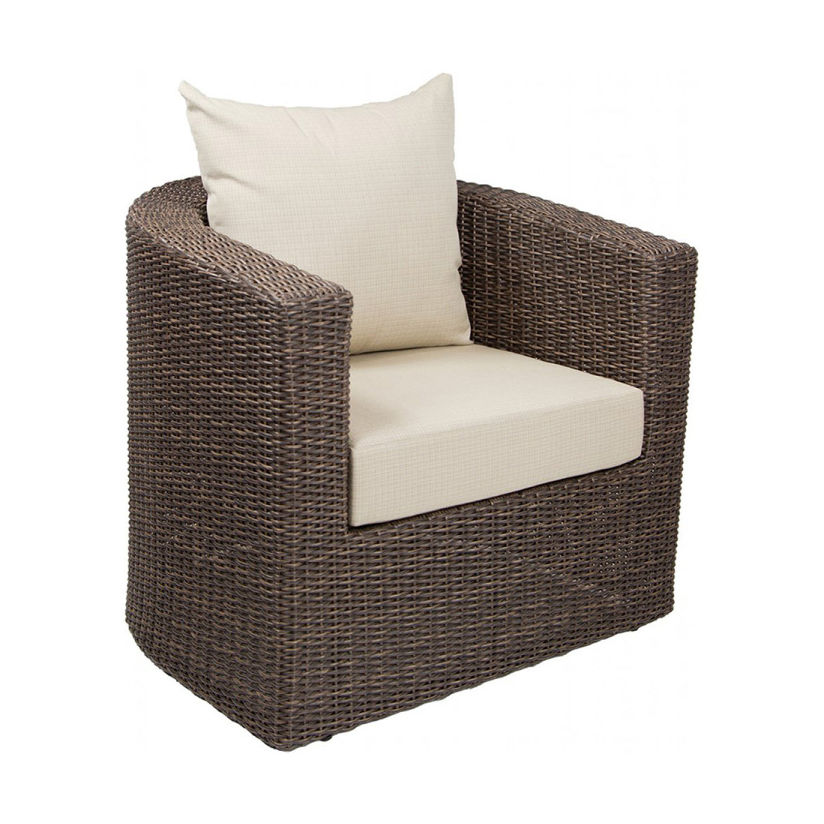 Dark brown wicker armchair with beige cushions on a white background
