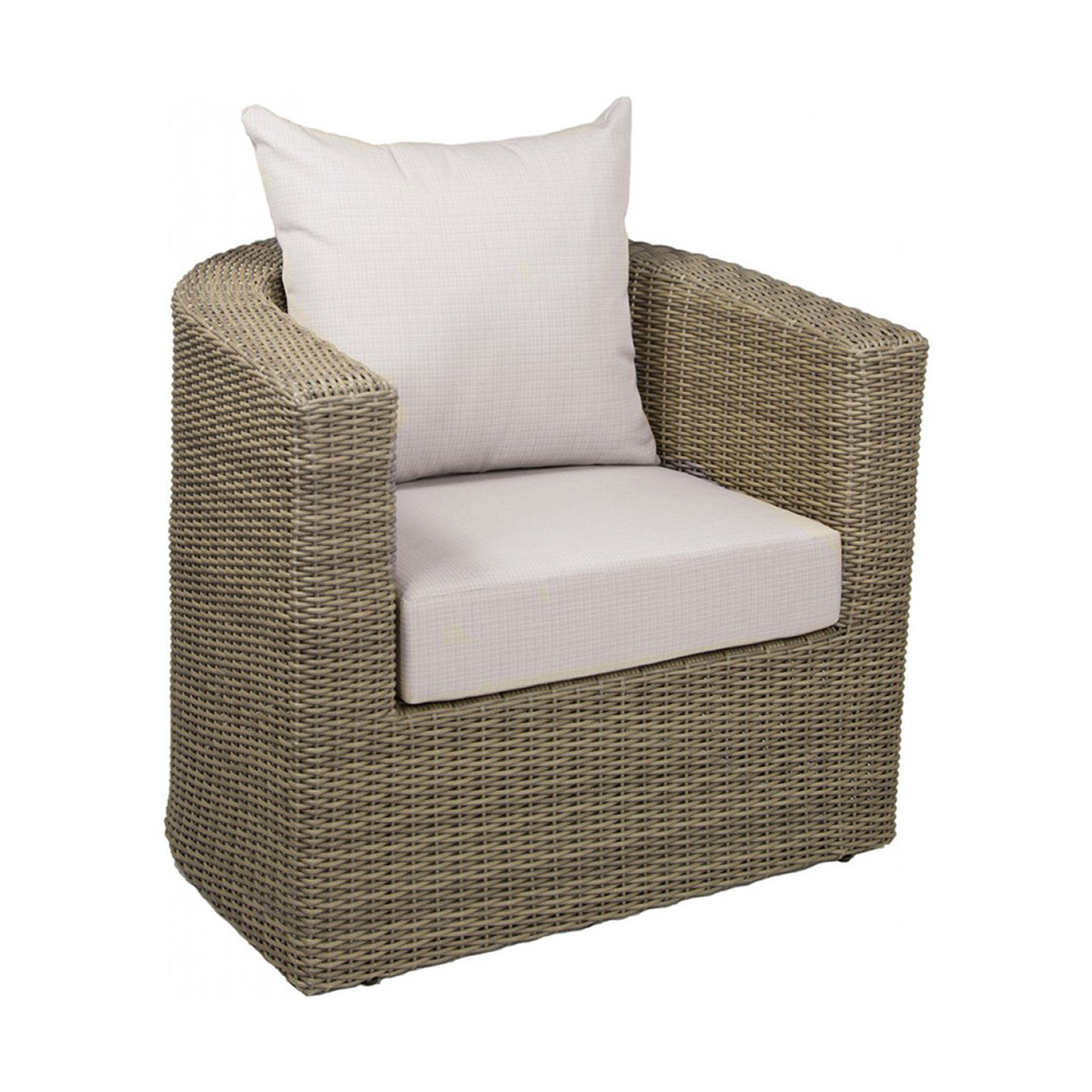 Wicker outdoor armchair with white cushion and pillow on a white background
