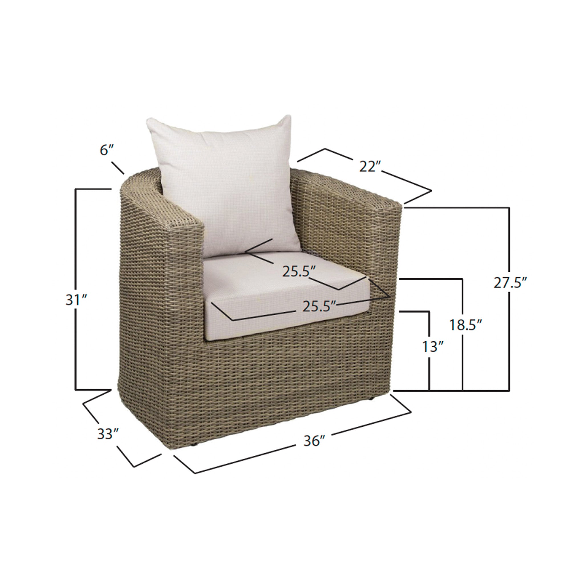 Wicker chair with dimensions labeled on a white background