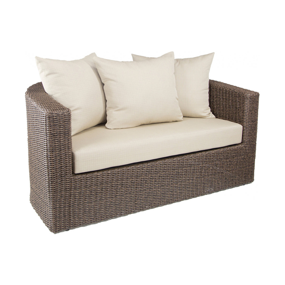 Dark brown wicker loveseat in a half circle shape with beige cushions and pillows on a white background.