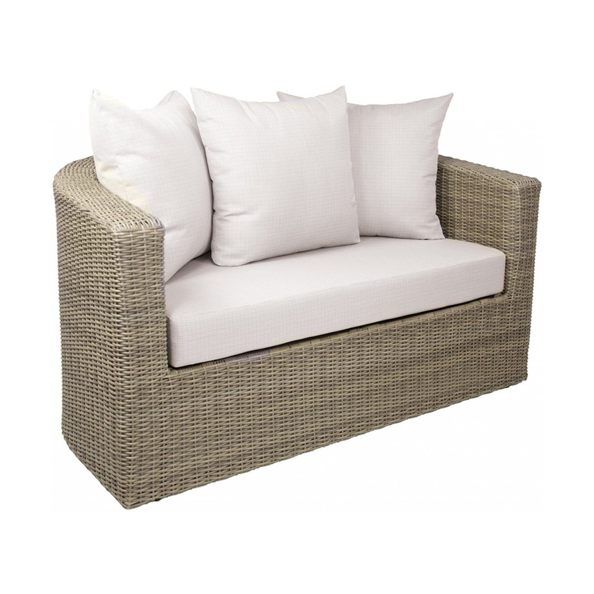 Half circle wicker outdoor loveseat with white cushions on a white background