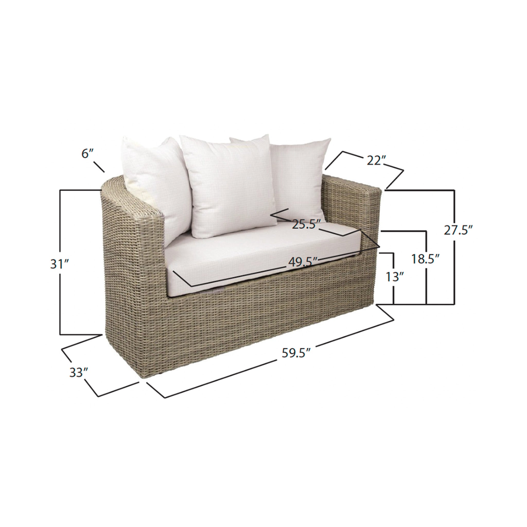 Wicker outdoor loveseat with white cushions and dimensions labeled on a white background
