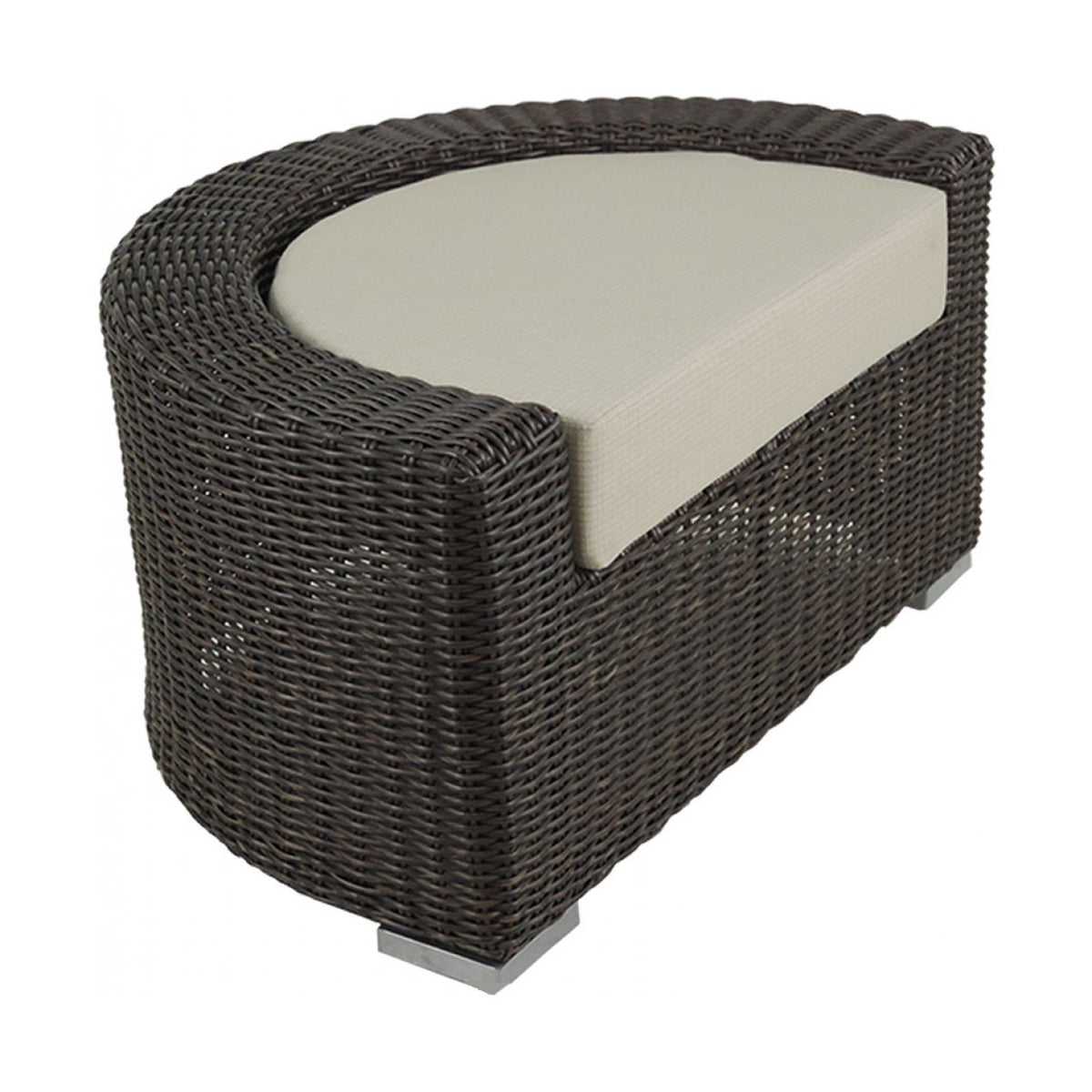 Dark brown wicker outdoor ottoman with beige cushion on a white background