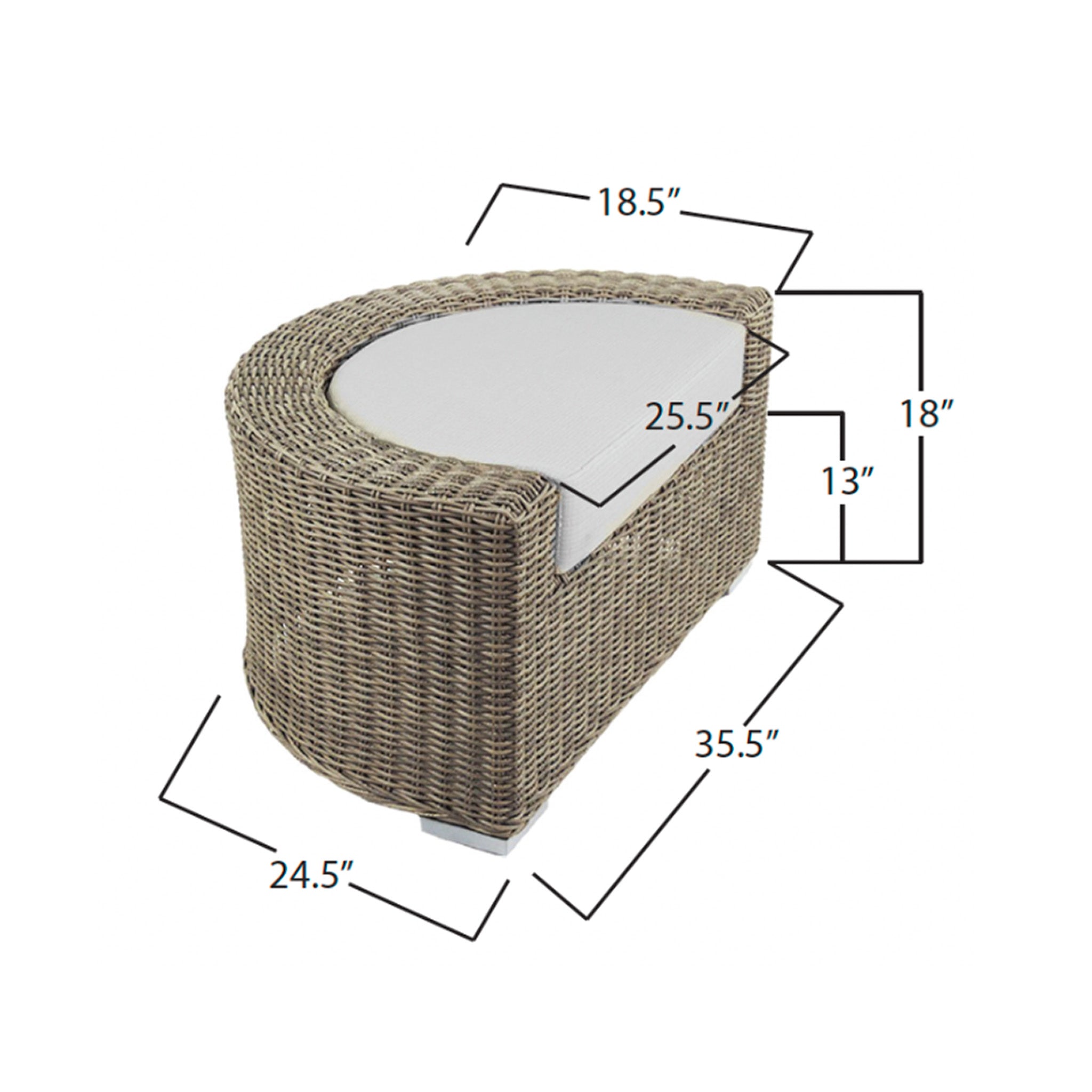 Wicker ottoman with dimensions labeled on a white background