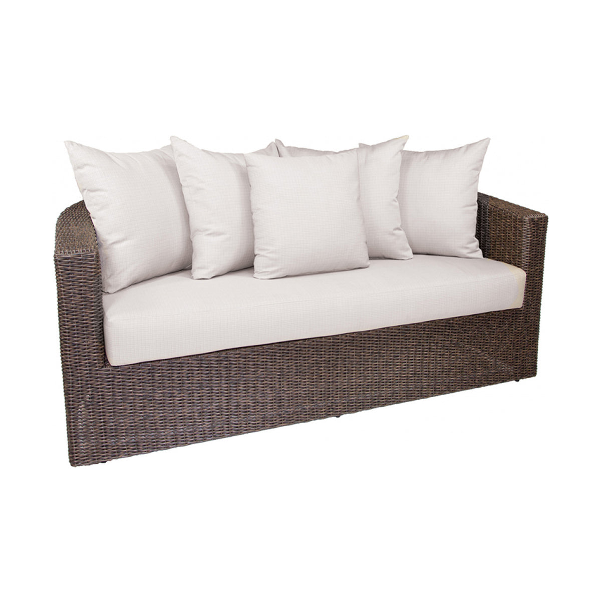 Dark brown wicker outdoor sofa with white cushions on a white background