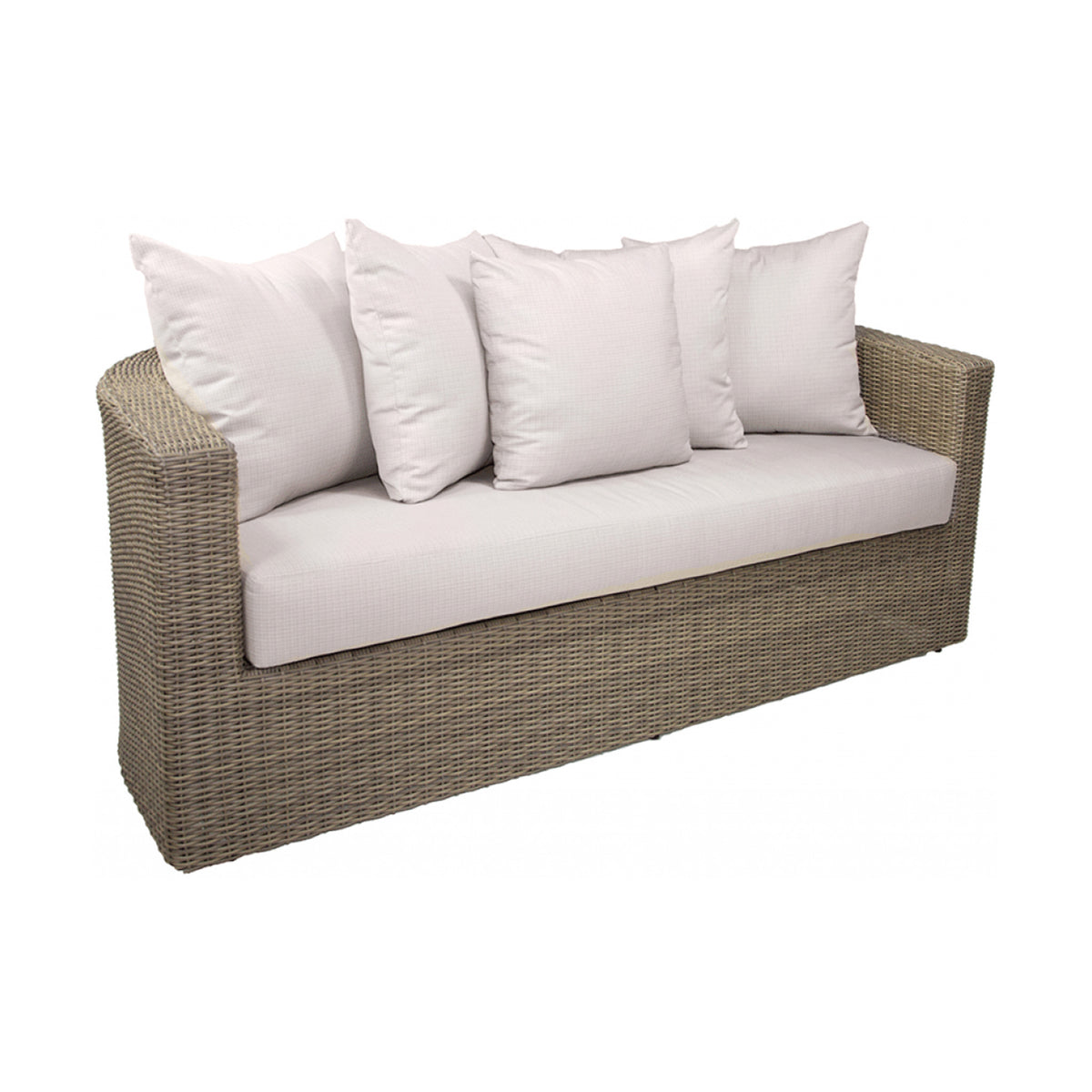 Wicker outdoor sofa with white cushions and pillows on a white background