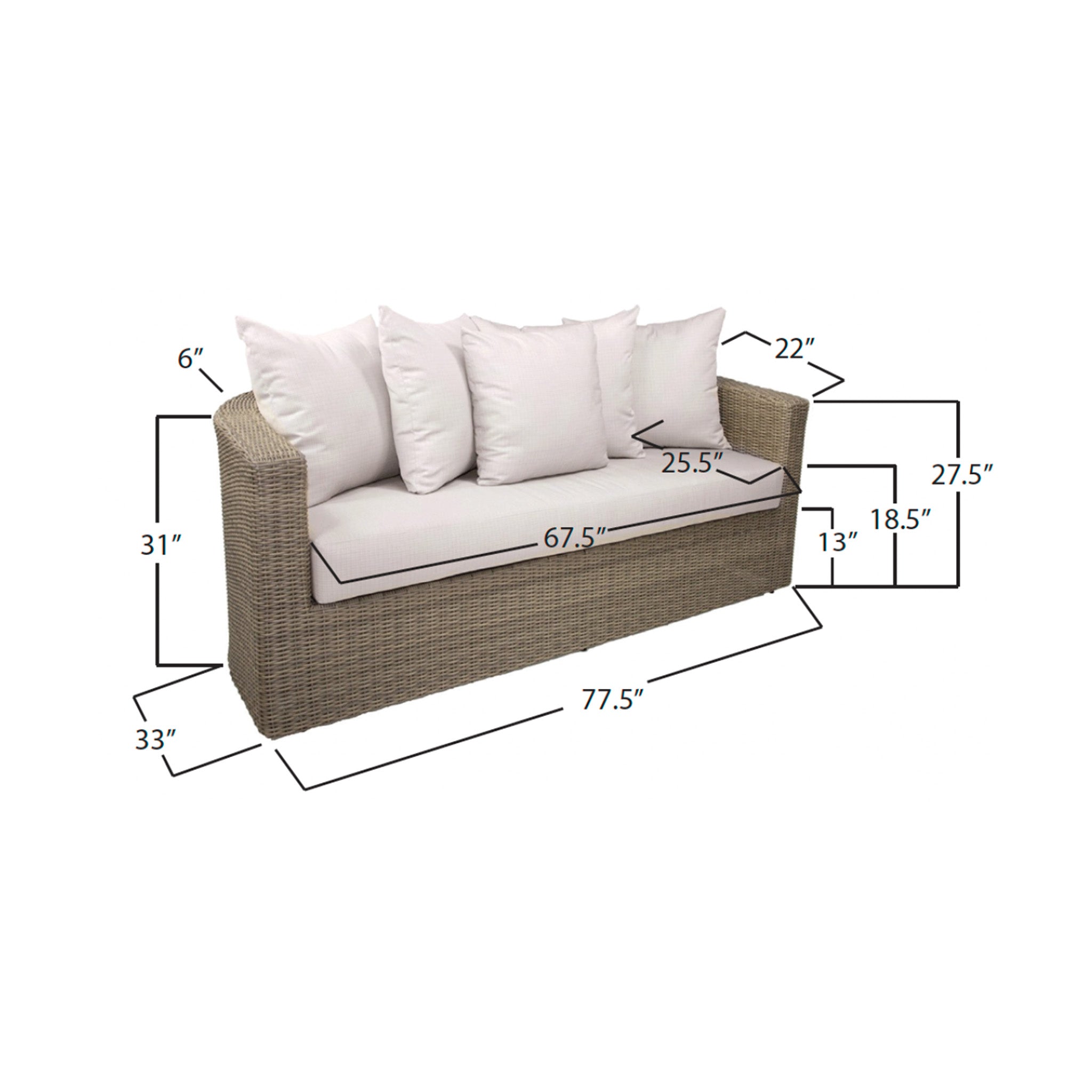 Wicker outdoor sofa with white cushions and dimensions labeled on a white background