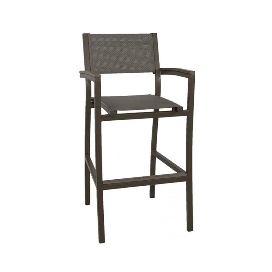 Grey outdoor bar chair on a white background. Matching grey sling fabric seat and back.