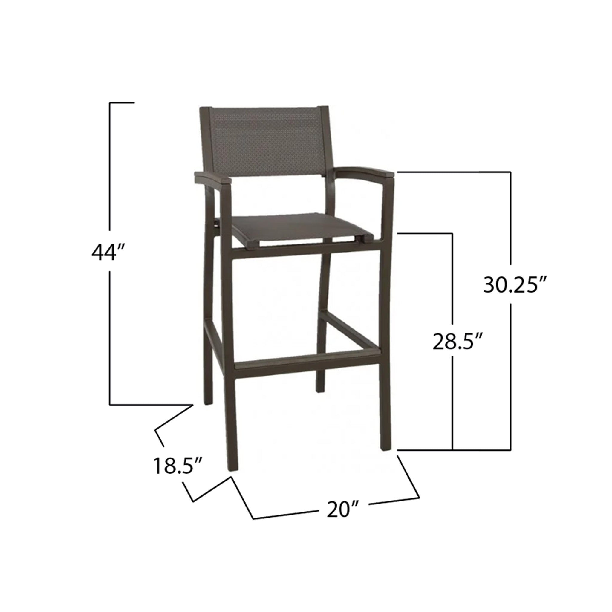 Grey bar chair with dimensions labeled on a white background. Dimensions say the chair is 20" wide and 40" tall. The floor to the top of the seat is 28.5" and the floor to the top of the armrests is 30.25". The chair is 18.5" deep. 